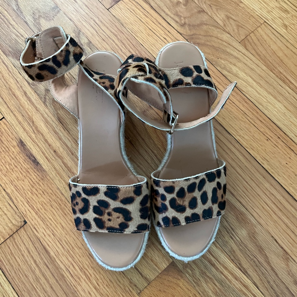 J. Crew Leopard Print Ankle Strap Sandals - Tan/Black